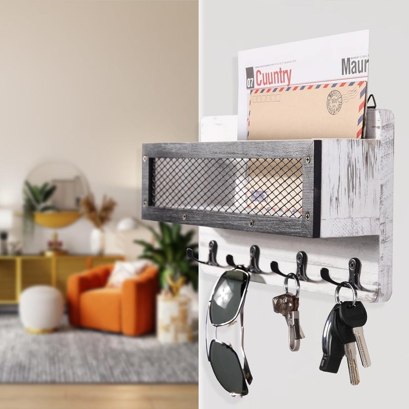 ADIIL Mail and Key Holder for Wall Decorative, Wooden Wall Mount Key Rack Hanger Organizer with 4 Double Key Hooks, Rustic Home Decor for Entryway Hallway, White - Image 2